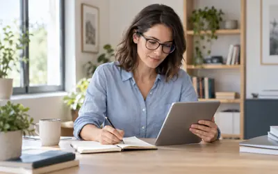 Una profesional trabaja con una tableta y toma notas en su despacho