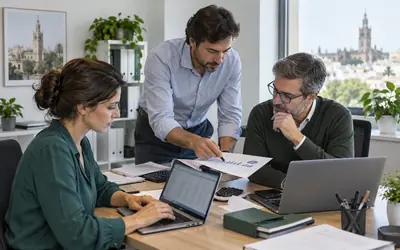 Tres profesionales revisan un informe junto a dos portátiles